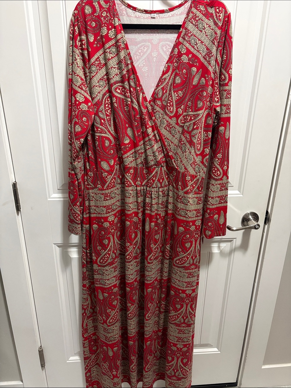Plus Size 24W Red Paisley Boho Long Sleeve Maxi Dress